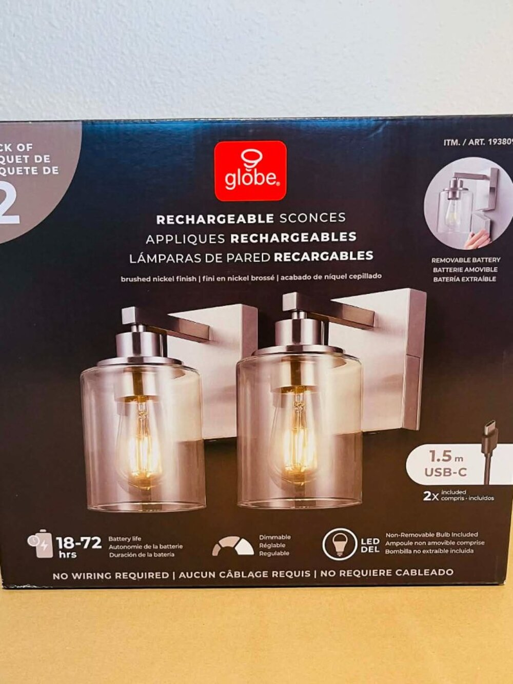 Globe Rechargeable Glass Wall Sconces Brushed Nickel LED 2-Pack - BNIB & Sealed